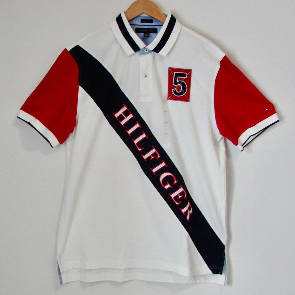 Tommy Hilfiger Polo Shirt Logo White Red Blue Stripe NEW WITH TAGS NWT Size XL